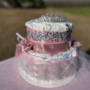 Elegant Pink and Silver Diaper Cake for Baby Showers or Baby Gifts